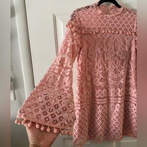Chic Pink Lace Dress with Pom-Pom Accents